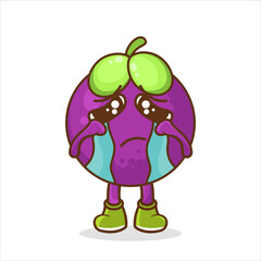 mangosteen cartoon illustration with crying gesture. cute mangosteen character with crying expression.