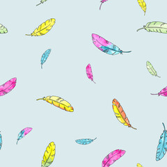 Watercolor painting little feathers - seamless pattern on light blue background