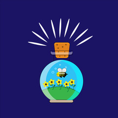 illustration of flat design with honey bee, sunflower, grass and jar 