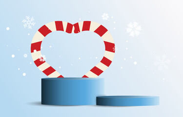 Fototapeta na wymiar Blue Christmas podium decorated with candy cane and snowflakes. Empty cylinder mockup background image concept. Vector for design sales and product advertising materials.