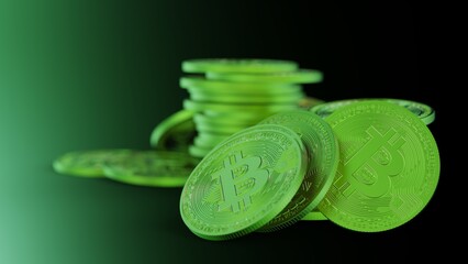 Virtual cryptocurrency money gold Bitcoins under green-black background. Concept 3D CG of new virtual money, mining or block chain technology and transactions network.