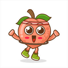 Adorable happy cartoon peach playing hula hoop. Vector flat illustration isolated on white background