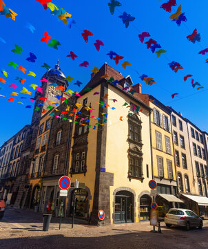 Decorated street of Riom, Puy-de-Dome department, Auvergne, central France.
