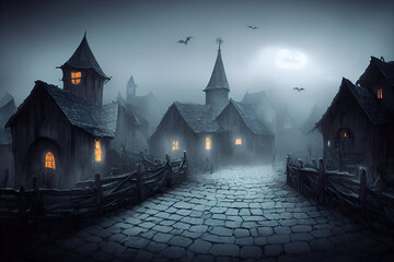 Dark Foggy Gothic Village with Cobblestones and Bats. Halloween Town. Digital Oil Painting.  [3D Digital Art Illustration; Sci-Fi Fantasy Horror Background; Game, Graphic Novel, or Postcard Image]