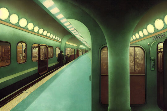 Digital Oil Painting. Beautiful Green Art Nouveau Subway Station with Train and Passengers. [3D Digital Art Illustration; Sci-Fi Fantasy Horror Background; Game, Graphic Novel, or Postcard Image]
