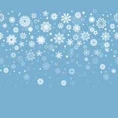 Naklejka na ściany i meble White and blue seamless snowflake pattern, Christmas design for greeting card. Vector illustration, merry Christmas or New Year background, wallpaper, header or banner. Ai, Png, Jpg 