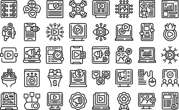 Viral content icons set outline vector. Like strategy. Magnet video