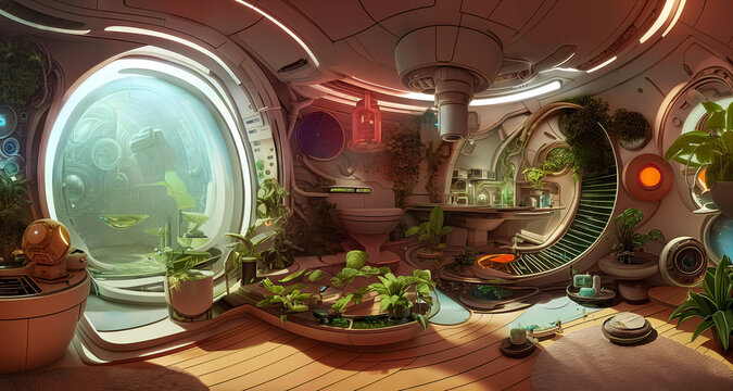 Futuristic Bathroom, Sci-fi Room Looking Out To An Extraterrestrial Landscape