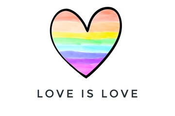 ‘Love is Love’ on hand drawing image of heart in rainbow colors, concept for lgbtq celebration in pride month around the world.