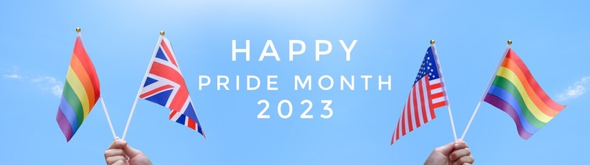 'Happy Pride Month 2023' on bluesky, american national flag, union jack flag and rainbow flags in hands background, concept for lgbt celebrations in pride month, june,  in USA and England.
