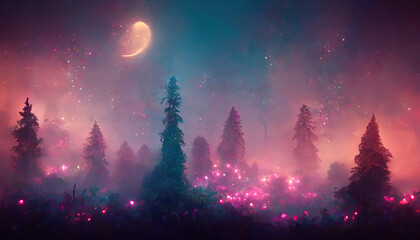 Beautiful and Mystery Deep Forest and Trees. Creative Fantasy Backdrop Concept Art Realistic Illustration Video Game Background. Digital Painting CG Artwork. Scenery Artwork Serious Book Illustration
