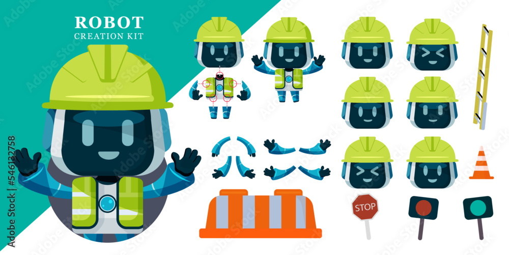 Poster robot creation kit vector set design. robots traffic enforcer with editable character kit of arms, l