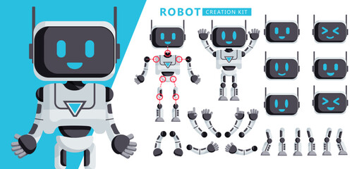 Robot creation kit vector set design. Robots character creator kit with head, arms, legs for editable pose and gesture robotic body parts. Vector illustration.  © Zeinous