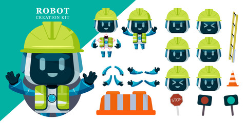 Naklejka premium Robot creation kit vector set design. Robots traffic enforcer with editable character kit of arms, legs and head parts for pose and gesture ai creator. Vector illustration. 