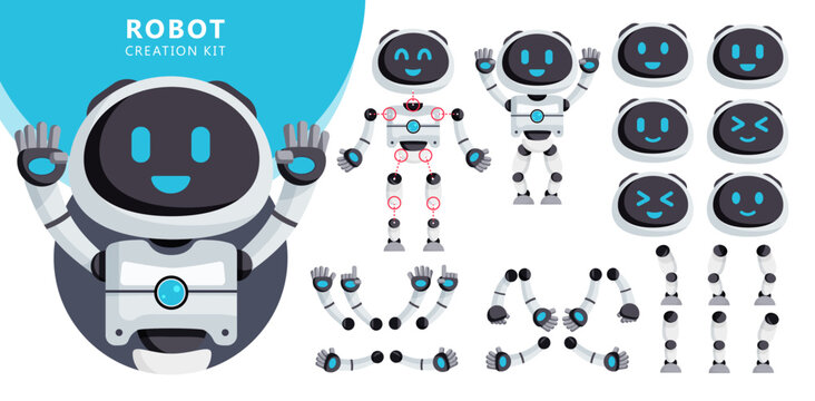 Robots character creator kit vector set. Robots editable character with pose and gestures of arms, legs and head for body parts creation design. Vector illustration.
