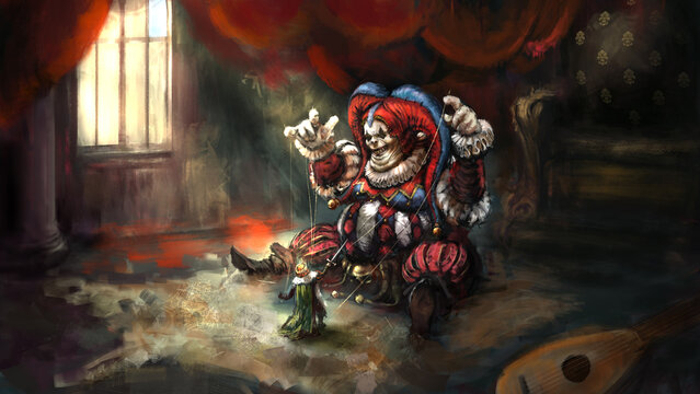 A fat jester in bright clothes has caught the little king and treats him like a doll, controlling him with the help of threads. Digital drawing style, 2D illustration