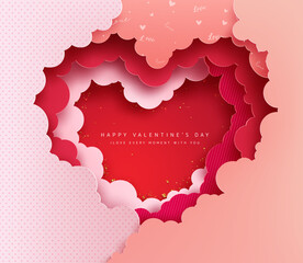 Happy valentine's day text vector design. Valentine's day in heart paper cut decoration for holiday celebration greeting card. Vector Illustration.
