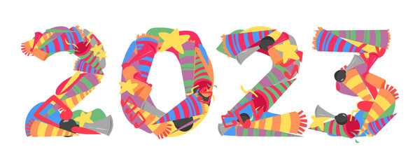 2023 font typography from icon pack of trumpets, horns, etc. doodle collage. new year concept for template, greeting card, print, sticker, etc.