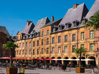 Summer view of central square place Ducale in French town of Charleville-Mezieres with surrounded by similar residential buildings with triangular gables