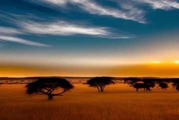 Fototapeta na wymiar 夕景の草原と地平線