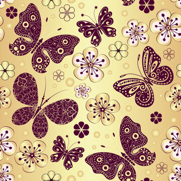 Vector seamless pattern with butterflies and flowers on a golden gradient background