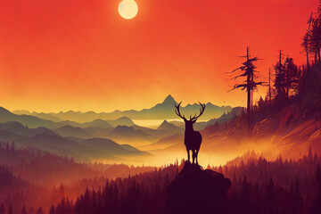 firewatch wallpaper background. beautiful scenery landscape graphic design. deer an the mountain and forest.