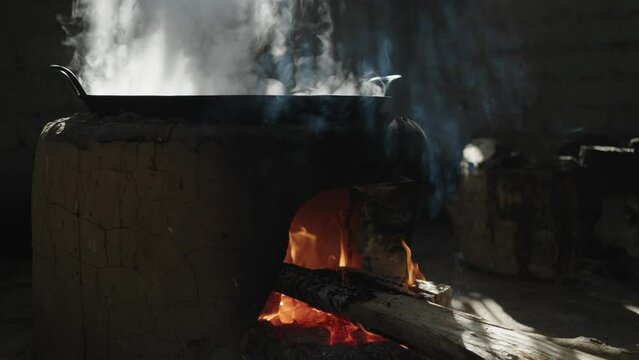 Traditional Kitchen in Village in Indonesia. Tungku Api - Stove Made of Stone, Fire from Woods