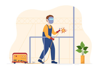 Welding Service with Professional Welder Job Weld Metal Structures, Pipe and Steel Construction in Flat Cartoon Hand Drawn Templates Illustration