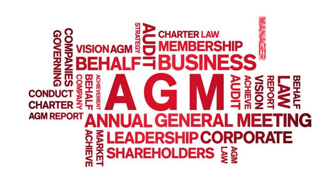 AGM - Annual General Meeting acronym animated tag word cloud;text design animation kinetic typography seamless loop.