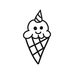 Illustration of icecream with horn unicorn in different colors. Vector thin line doodle hand drawn icon of smiling icecream
