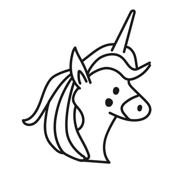 Cute Head of a unicorn with mane and horn. Isolated vector doodle icon