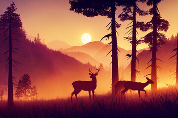 Fototapeta na wymiar firewatch wallpaper background. beautiful scenery landscape graphic design. deer an the mountain and forest.