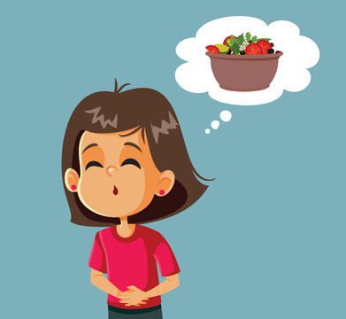 Girl Hurting Being Hungry Thinking about a Salad Vector Cartoon. Unhappy child suffering from food poisoning from spoiled salad 

