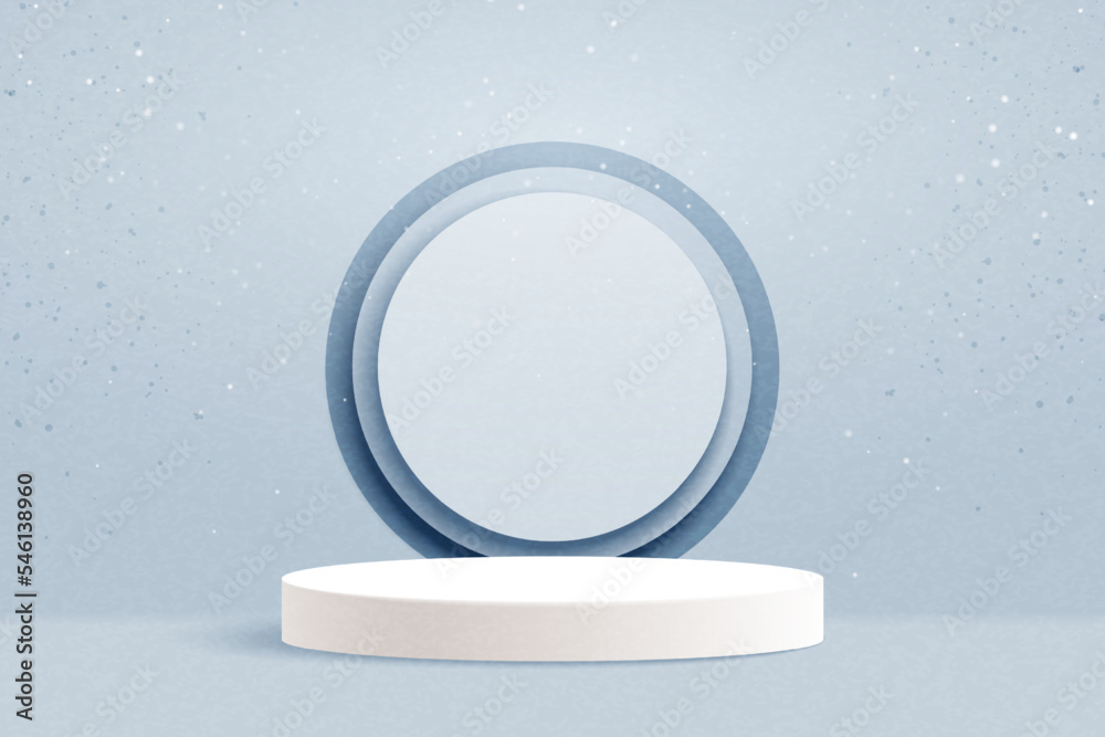 Poster abstract 3d white cylinder pedestal podium and circle frame. minimal winter scene for product displa
