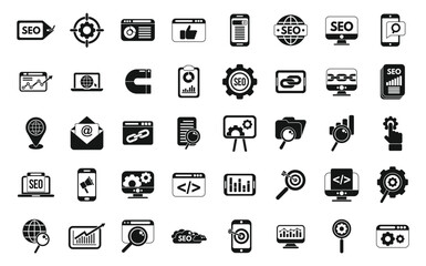 Search engine optimization icons set simple vector. Search global. Research chart