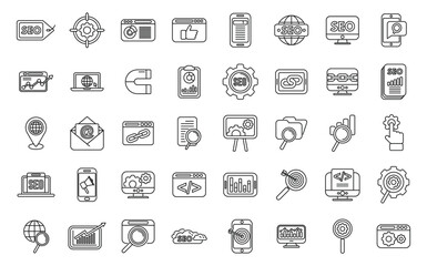 Search engine optimization icons set outline vector. Search global. Research chart