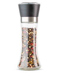 Pepper grinder or mill. Glass and stainless steel mill with premium grade whole rainbow multi colored pepper corn or peppercorns. Spice and seasoning. High resolution macro  photo. Isolated white  