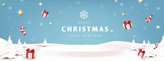 Fototapeta na wymiar Merry Christmas banner winter landscape background and snow product display cylindrical shape
