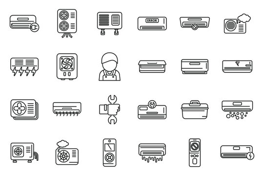 Repair Air Conditioner Icons Set Outline Vector. Install Hvac. Air Pump