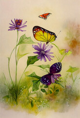 Naklejka premium Wildflower and Butterfly Watercolor Background, Wildflower and Butterfly HD wallpaper, Wildflower watercolor background,