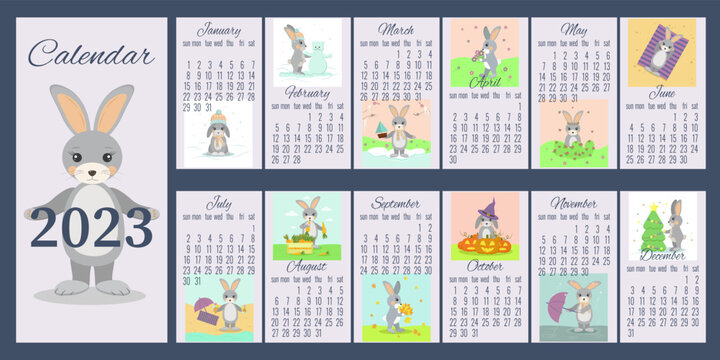 funny calendar layout for 2023 with a rabbit color picture by month with a character blue color