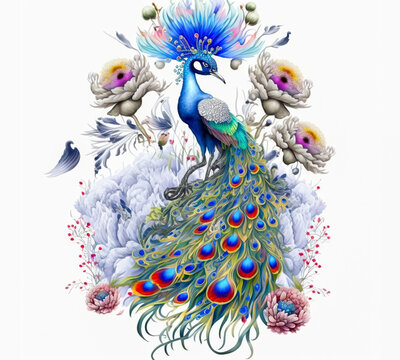 large Royal peacock with an open tail in exotic flowers, vintage style. Digital illustration for t shirt, prints, posters, postcards, stickers,	tattoo