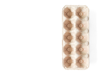 Top view and copy space. Egg carton boxes ten empty holes. Isolated in white background.