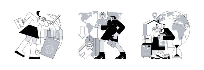 Homeland abstract concept vector illustration set. Emigration, repatriation grant, return migration, foreign residence, resident country, moving abroad, flying home, job offer abstract metaphor.