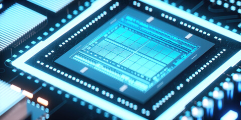 3D rendering of cyberpunk AI. Circuit board. Technology background. Central Computer Processors CPU and GPU concept. Motherboard digital chip. Tech science background.