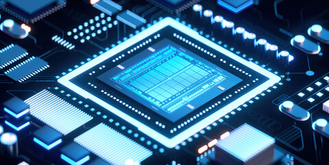 3D rendering of Circuit board. CPU and GPU chiplet. 