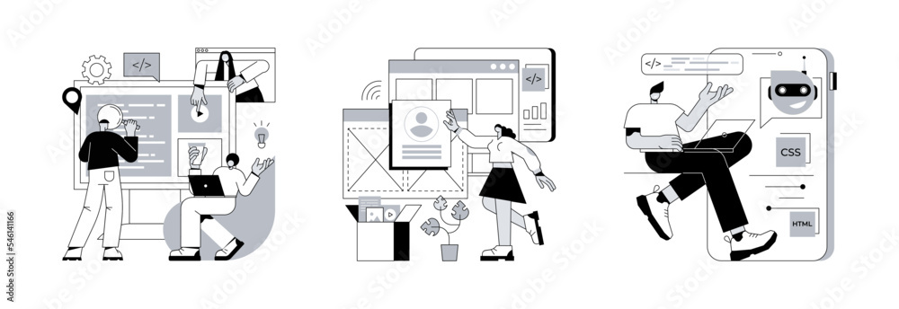 Poster professional programming abstract concept vector illustration set. software development team, web ap