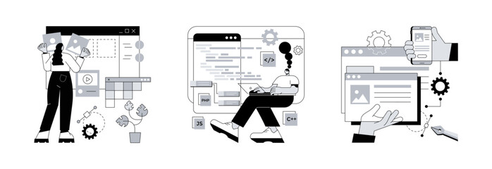 Web development agency abstract concept vector illustration set. Front and back end development, responsive web design, website interface, coding and programming, user experience abstract metaphor.