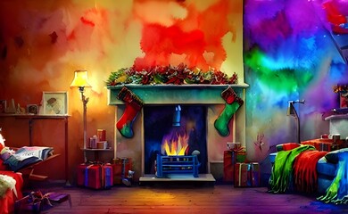 The fireplace is adorned with stockings, garland, and a wreath. The mantelpiece is lined with votive candles and there's a fire crackling in the hearth.