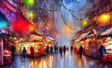 It's a cold winter evening and the Christmas market is in full swing. The air is filled with the scent of mulled wine and cinnamon, and the sound of laughter and carols. The stalls are decorated with 